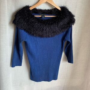 Lauren Michelle Blue Ribbed Knit Sweater M Fuzzy Trim Collar 3/4 Sleeve Retro